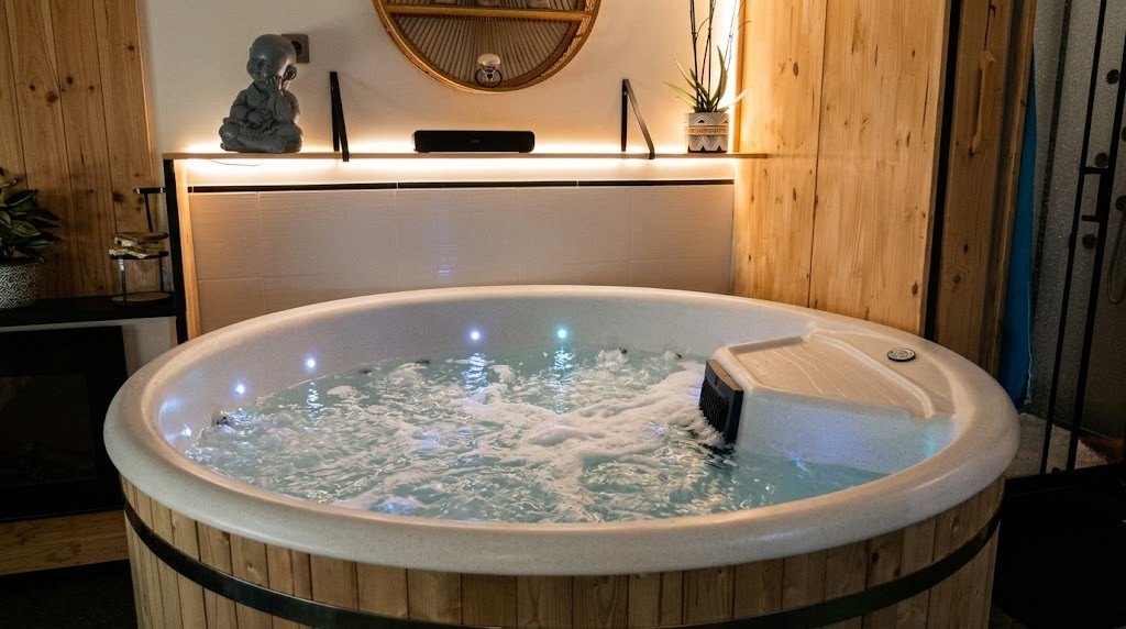 Jacuzzi rond en bois aux jets lumineux bleus, dans la cabine